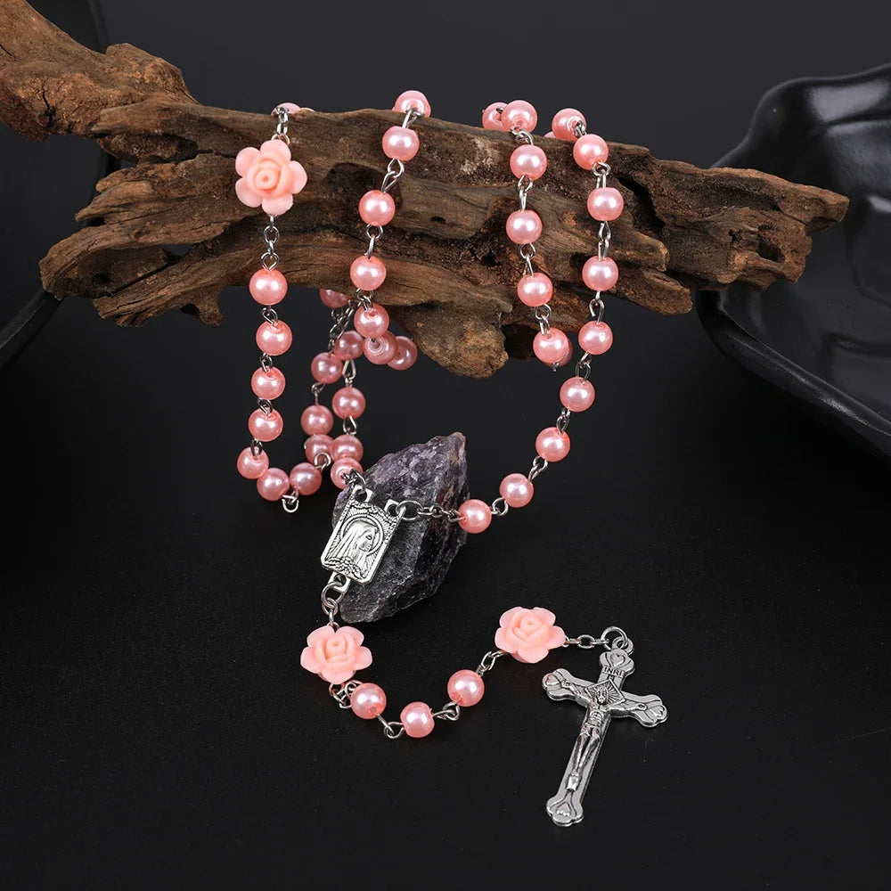 Rosary Necklace For Women Pendant 6MM Pearl Beads