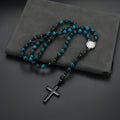 Gemstone Blue Beads Saint Benedict Cross Pendant Necklace for Men and Women