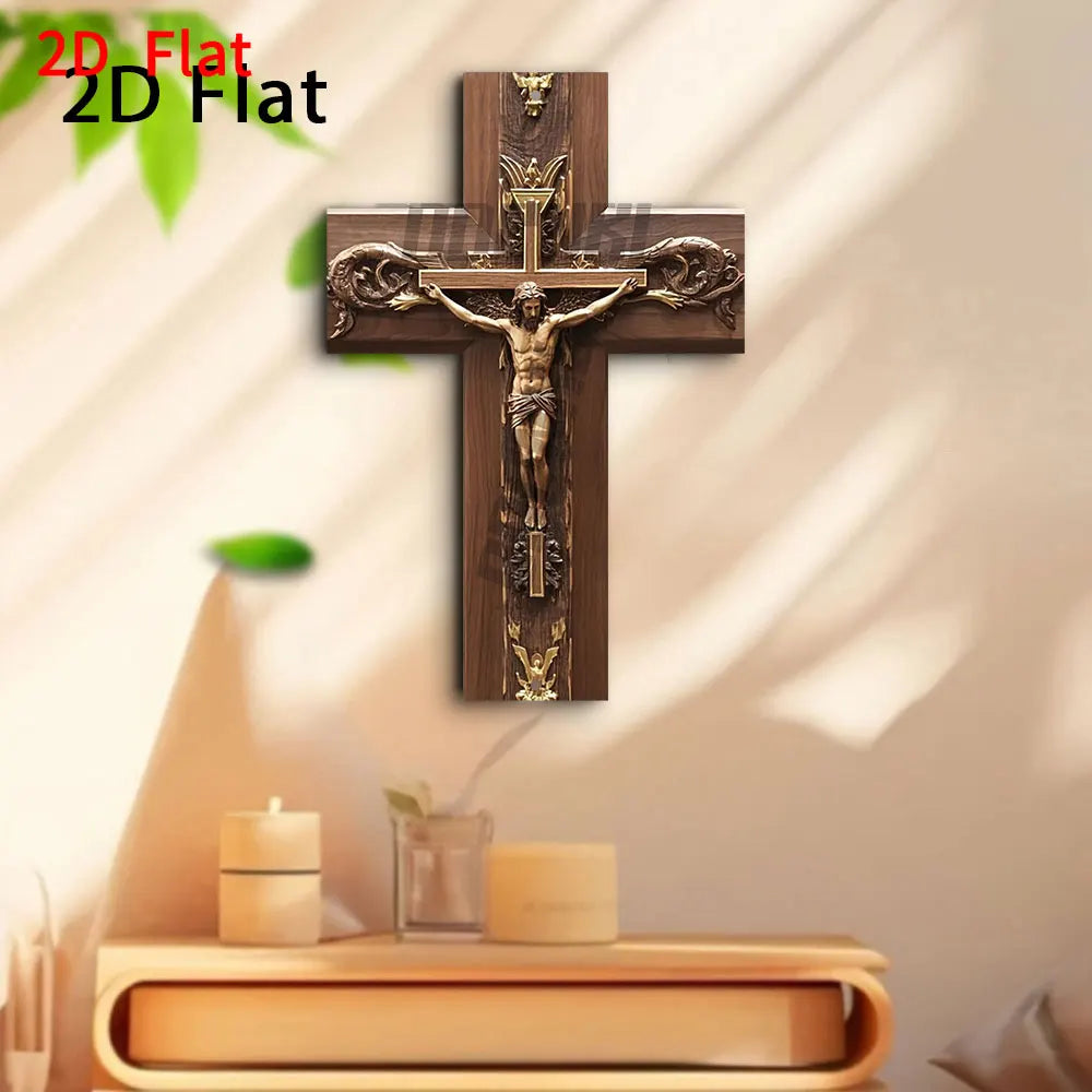 Vintage Metal Cross Wall Hanging - Intricate Jesus Christ Crucifixion Design with Golden Swirls & Vines Ornate Detailing