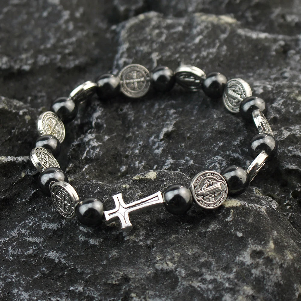 St Benedict Hematite Rosary Bracelet Elastic