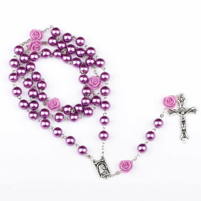 Purple Glass Beaded Rosary With Roses