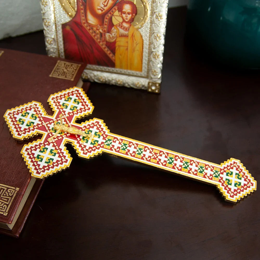 Byzantine Orthodox Gold Plated Crucifix Red Green Enamel Inlay