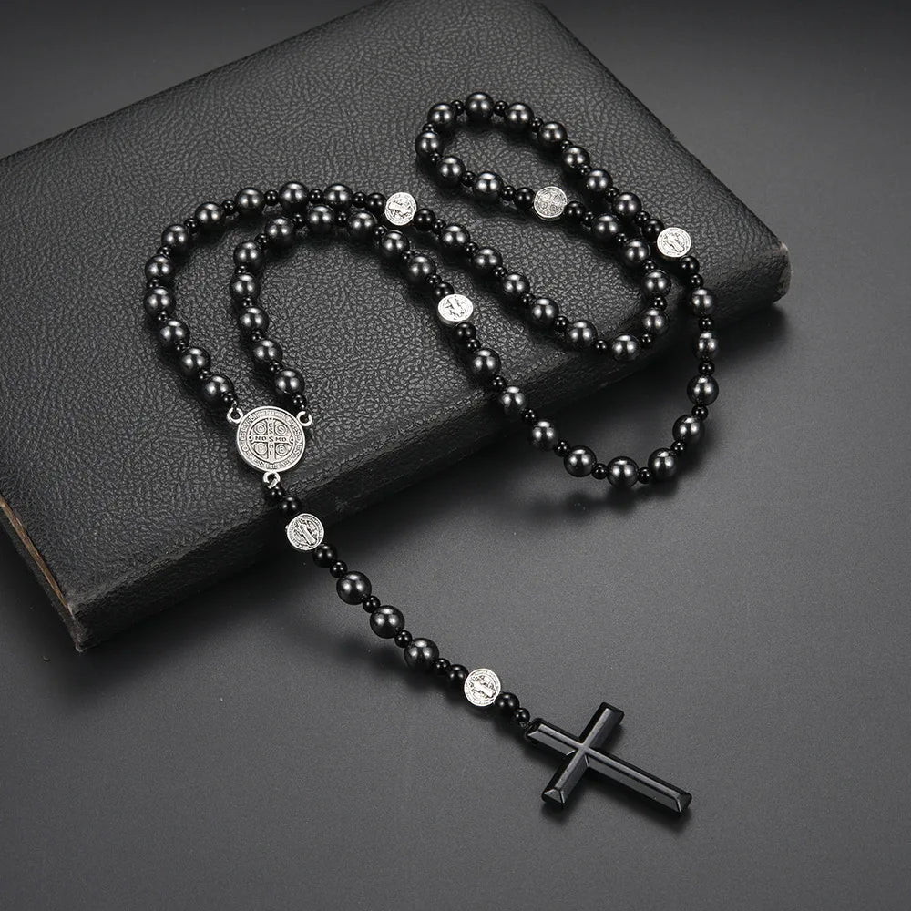 Volcanic Rock St Benedict Black Beaded Rosary for Men Or Women