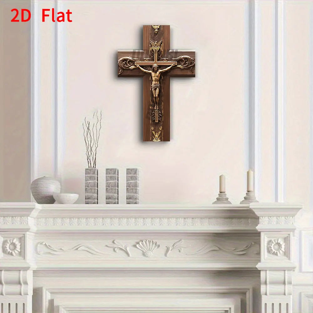 Vintage Metal Cross Wall Hanging - Intricate Jesus Christ Crucifixion Design with Golden Swirls & Vines Ornate Detailing