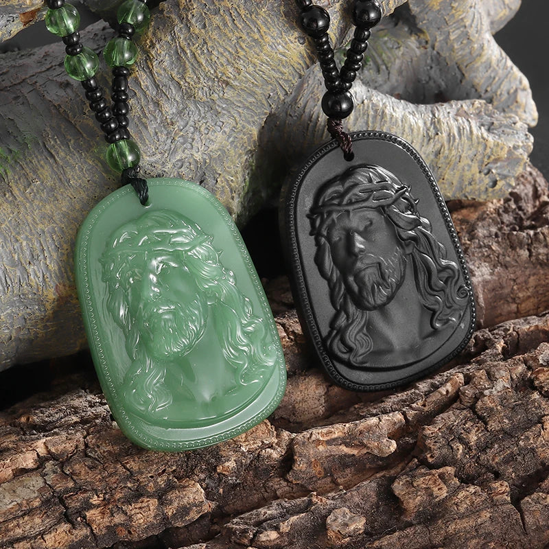 Emerald Green Imitation Jade Jesus Pendant Necklace