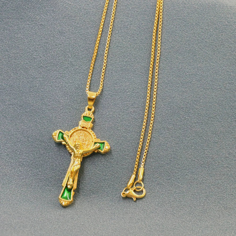Enamel St Benedict Exorcism Cross Necklaces Gold Plated Protection Jewelry for Women/Men 24 inches Chain