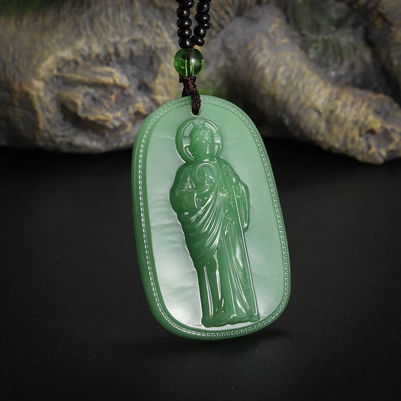 Emerald Green Imitation Jade Jesus Pendant Necklace