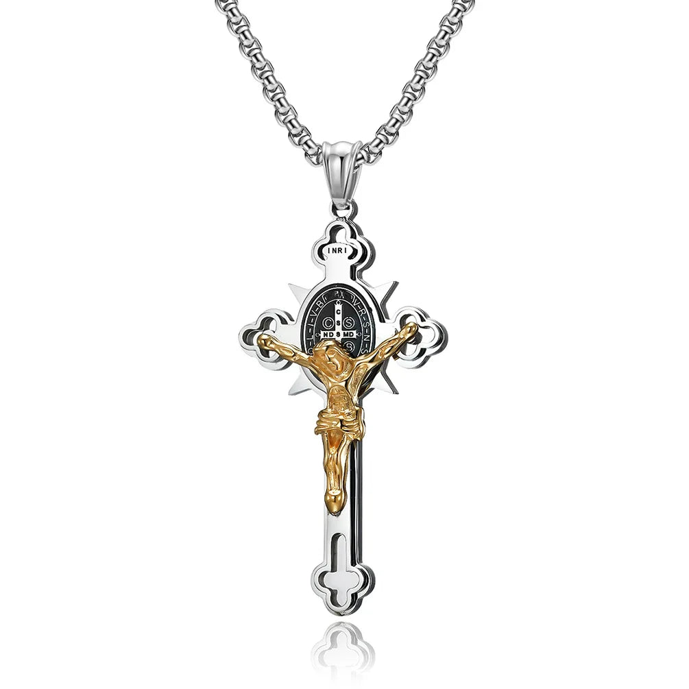 Stainless Steel St. Benedict Crucifix Pendants Necklace INRI