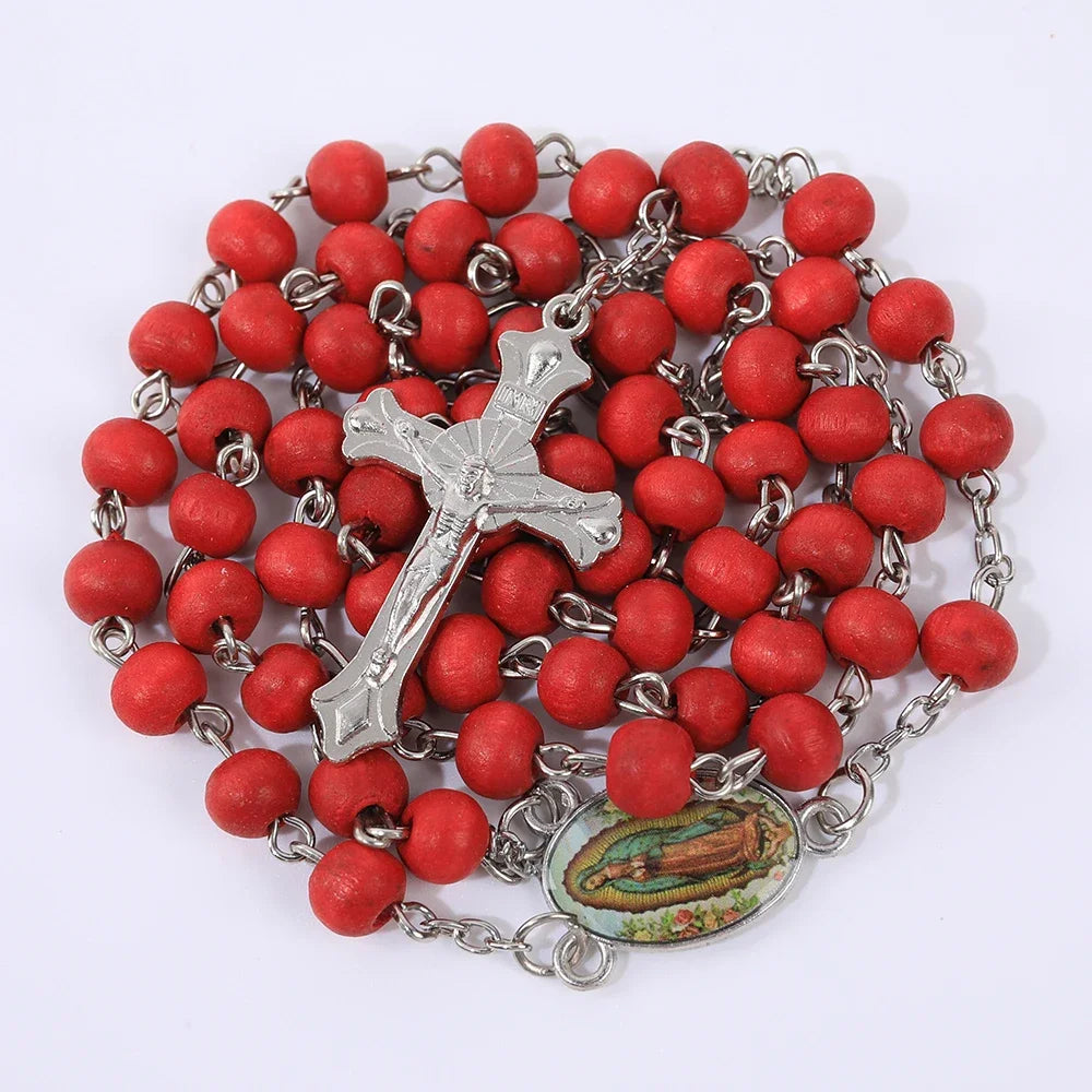 Wood Rosary Necklace with Virgin Mary Cross Pendant 6MM