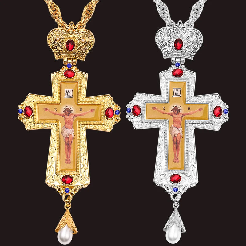 Pendant Necklace with Gold Pectoral Crucifix with Orthodox icon