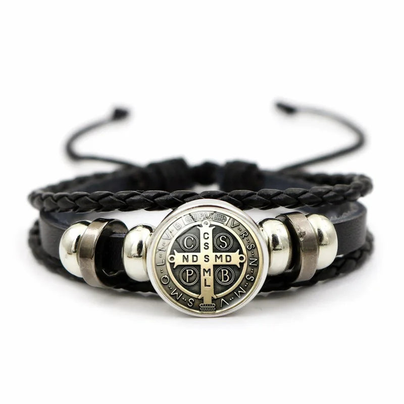 Saint Benedict Medal Leather Bracelet Catholic San Benito Glass Dome