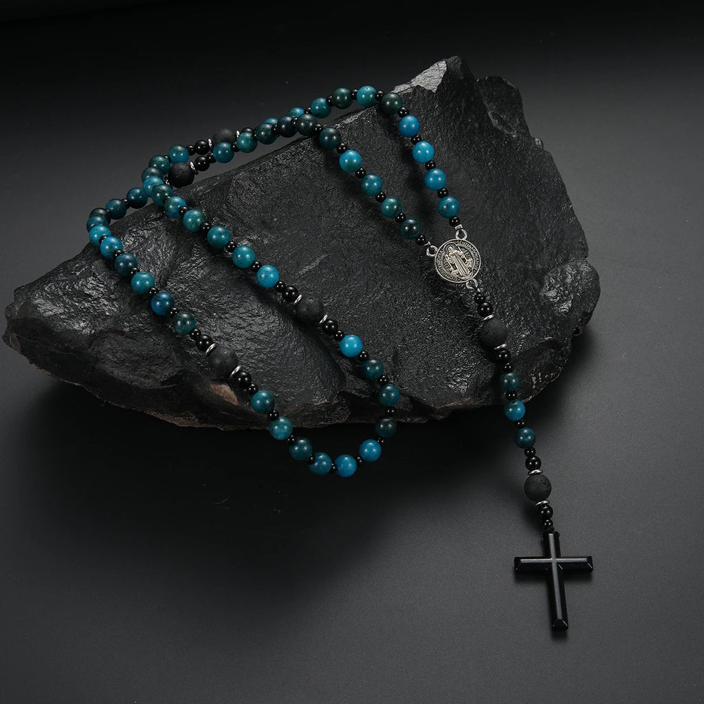 Gemstone Blue Beads Saint Benedict Cross Pendant Necklace for Men and Women