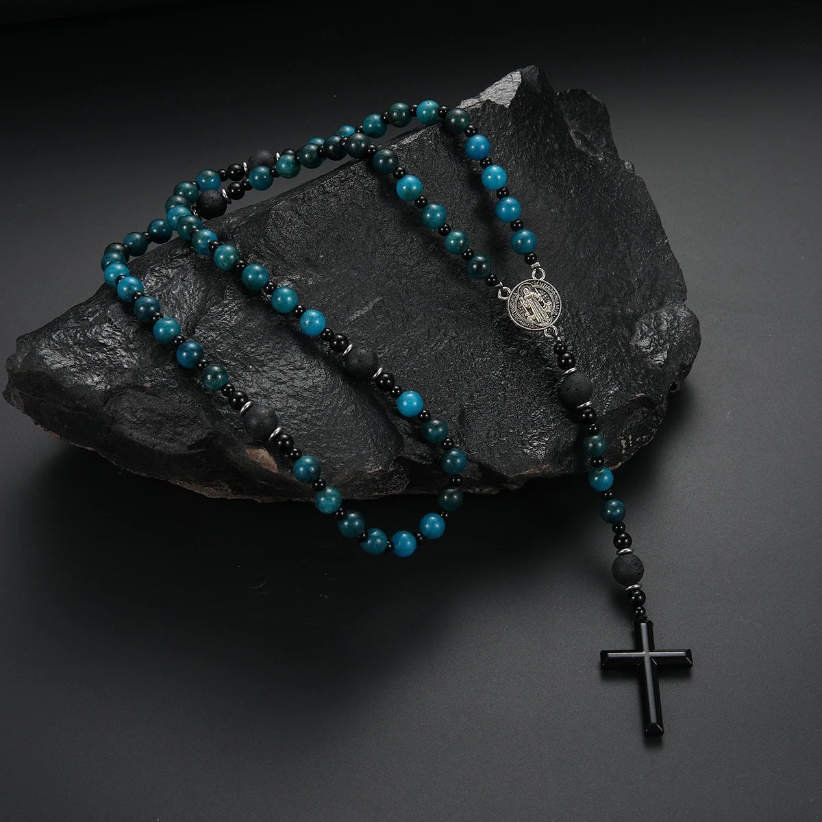 Gemstone Blue Beads Saint Benedict Cross Pendant Necklace for Men and Women