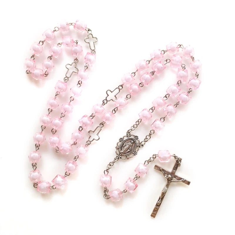 Pink Ceramic and Enamel Square Beaded Crucifix