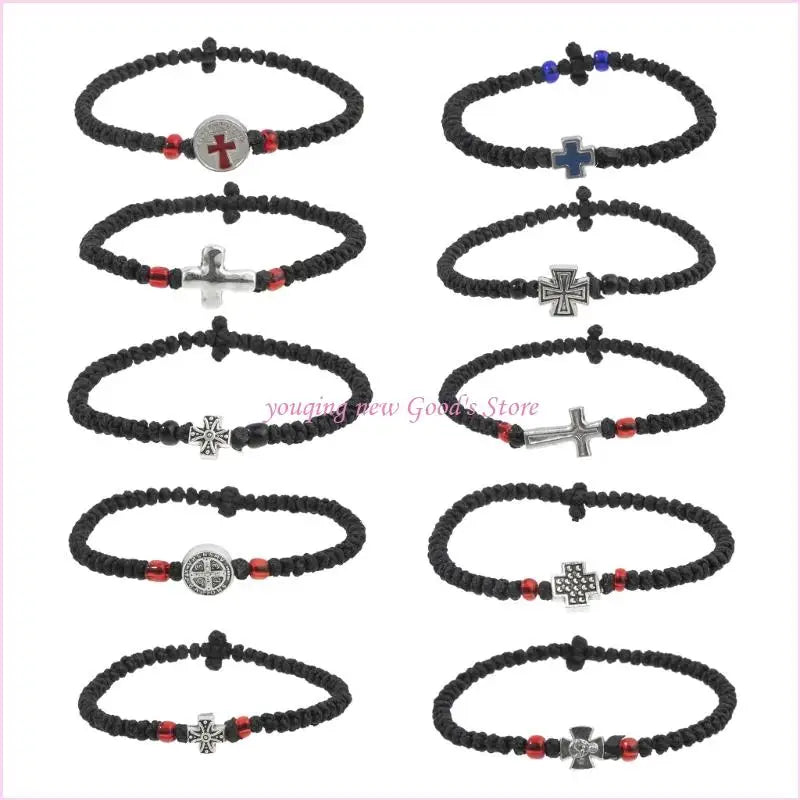 57QA Faith Inspired Crucifix Braided Handcrafted Bracelet Adjustable Sizing Wrist Chain for Personal and Religious Use