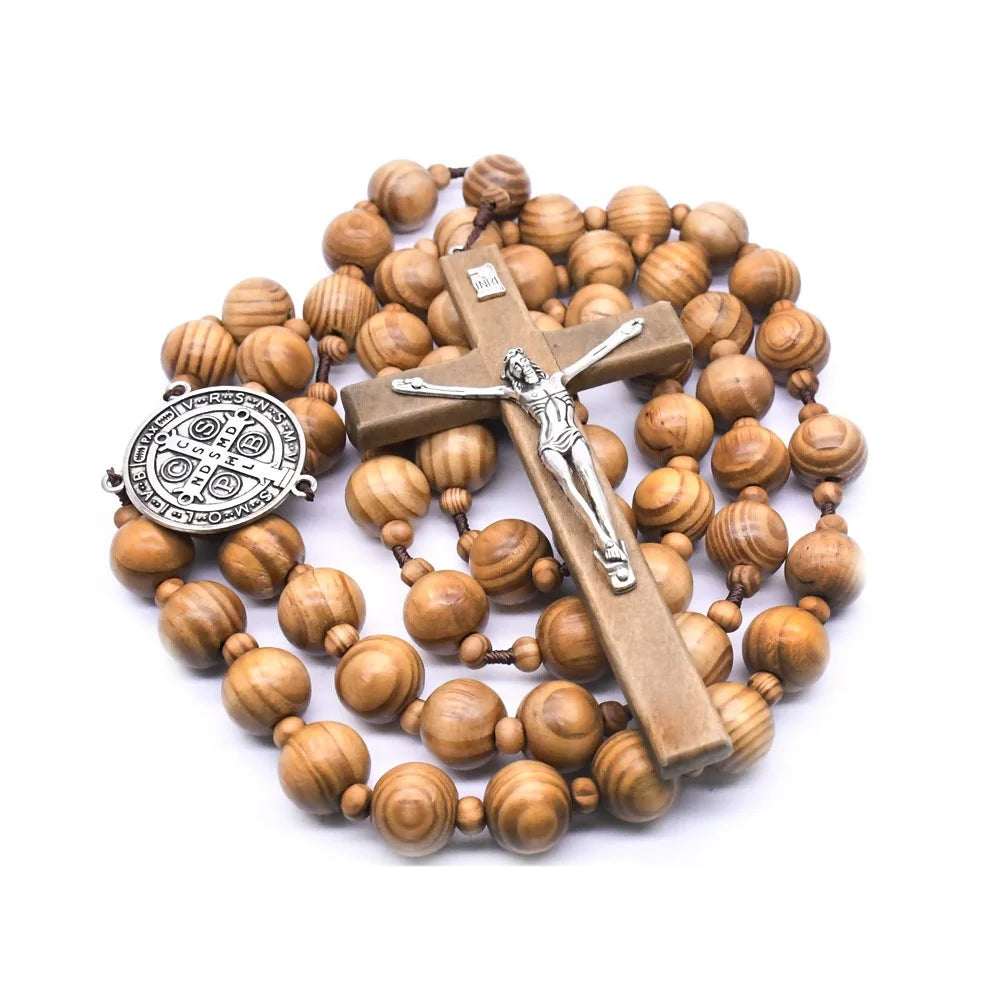 Large Wood Bead Crucifix With St Benedict Exorcism Medal