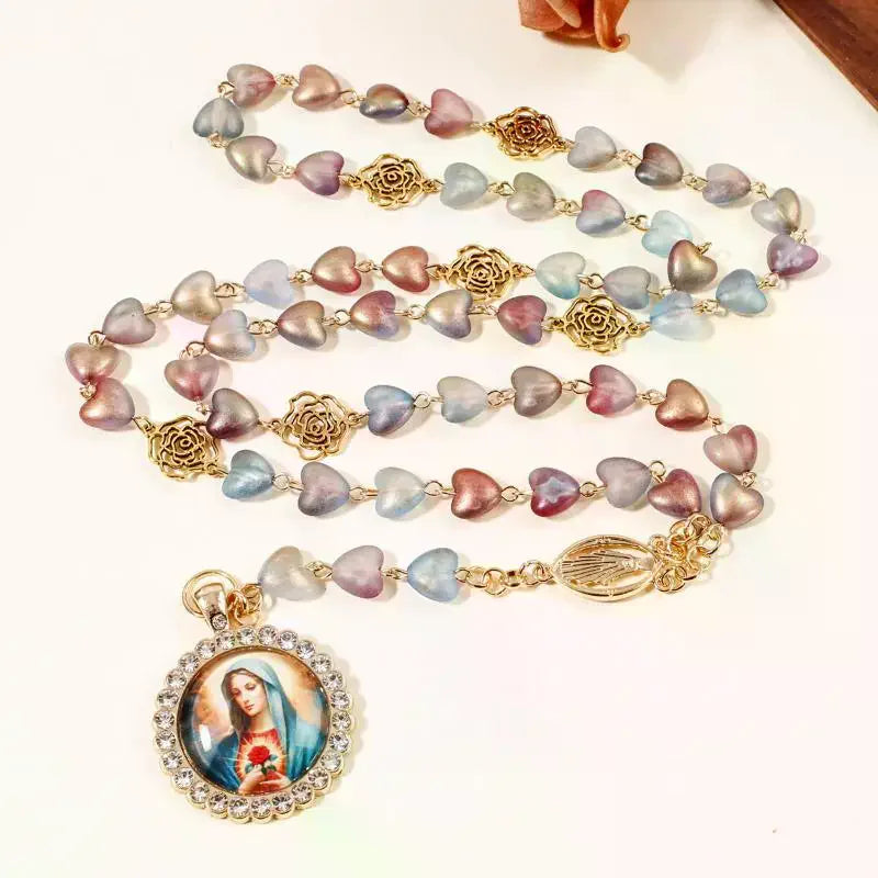 Virgin Mary/st Benedict Rosary Beads Necklace For Women Men Cross Crucifix Pendant