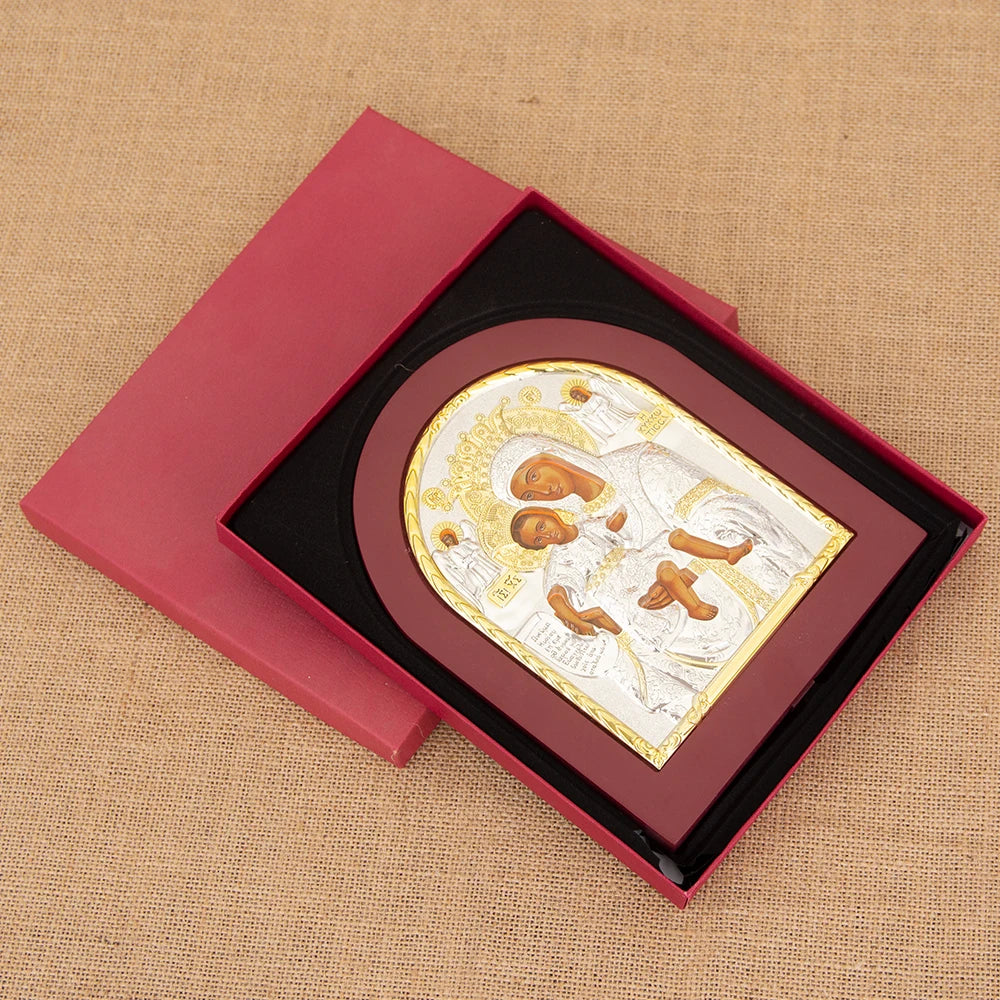 Gold Silver Orthodox Virgin Mary and Child Icon Hand-Painted