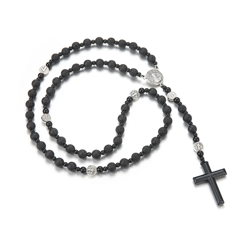 Volcanic Rock St Benedict Black Beaded Rosary for Men Or Women