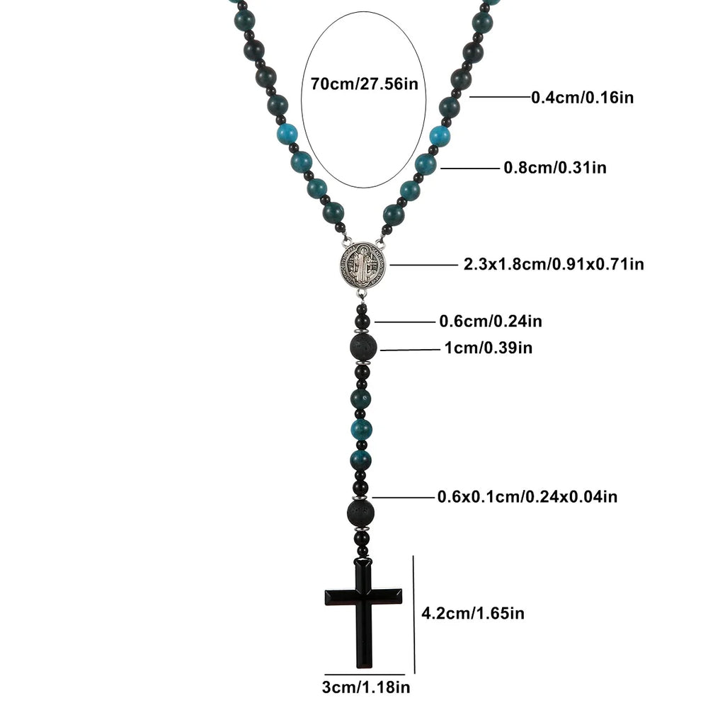 Gemstone Blue Beads Saint Benedict Cross Pendant Necklace for Men and Women