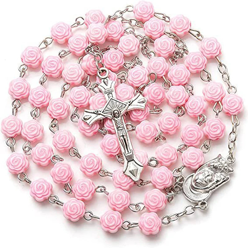 First Communion Rosary Set for Girls with Pink Rose Shaped Bead Pendant Necklace