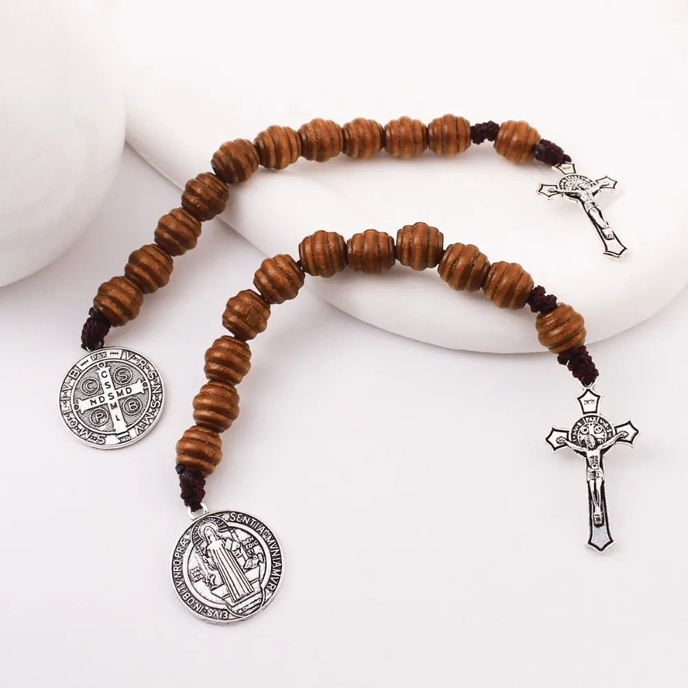 Saint Benedict Medal Blessing Prayer Wooden Prayer Beads Handmade Rosary Home Office Decoration
