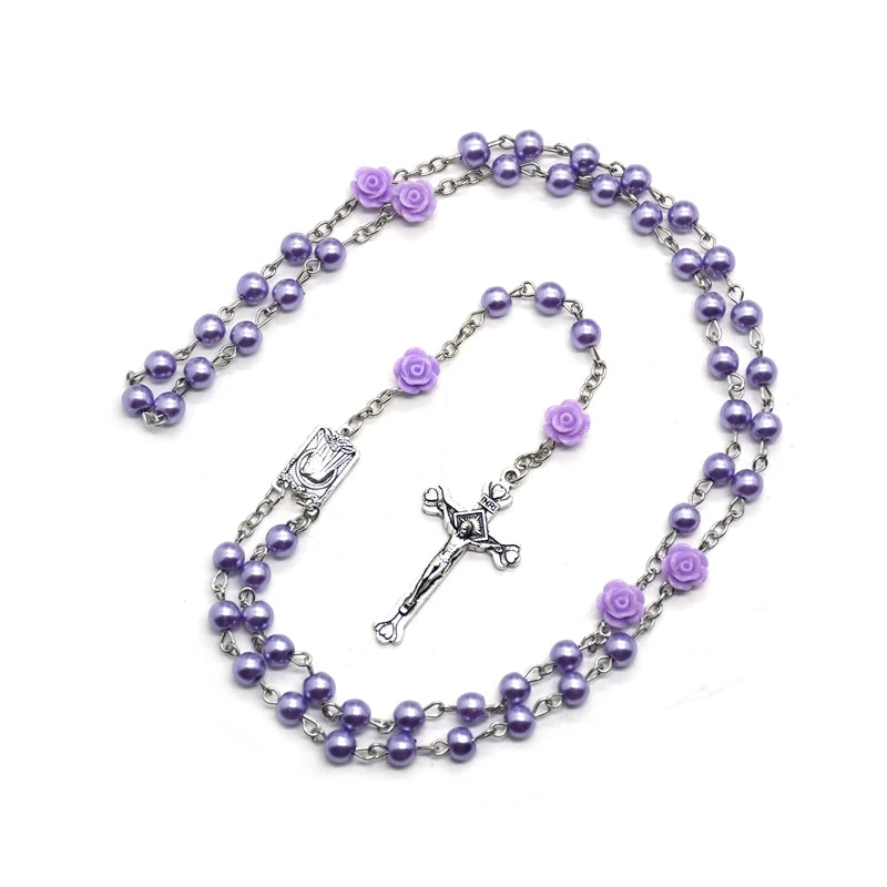 Rose Rosary Necklace with Pendant White Black Red
