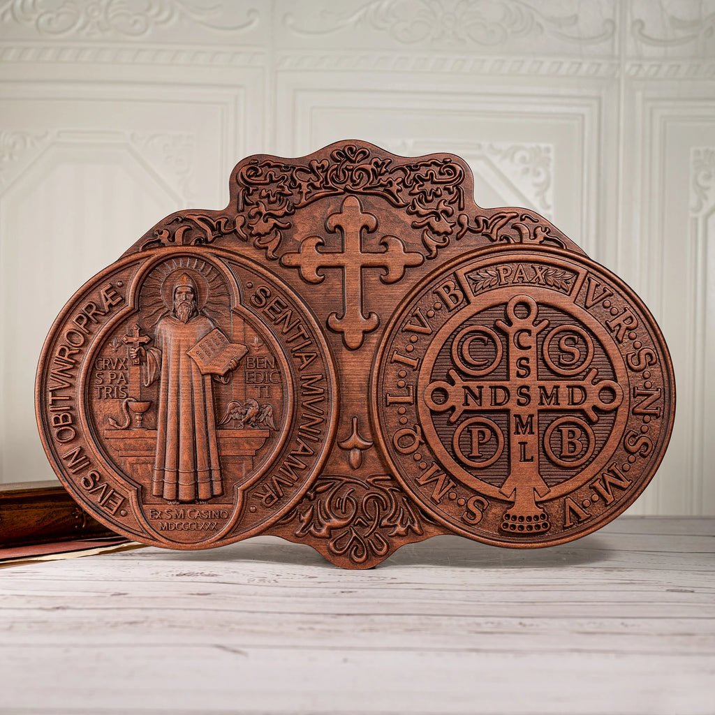 Saint Benedict medal , Exorcism plaque,  wood carving wall decoration