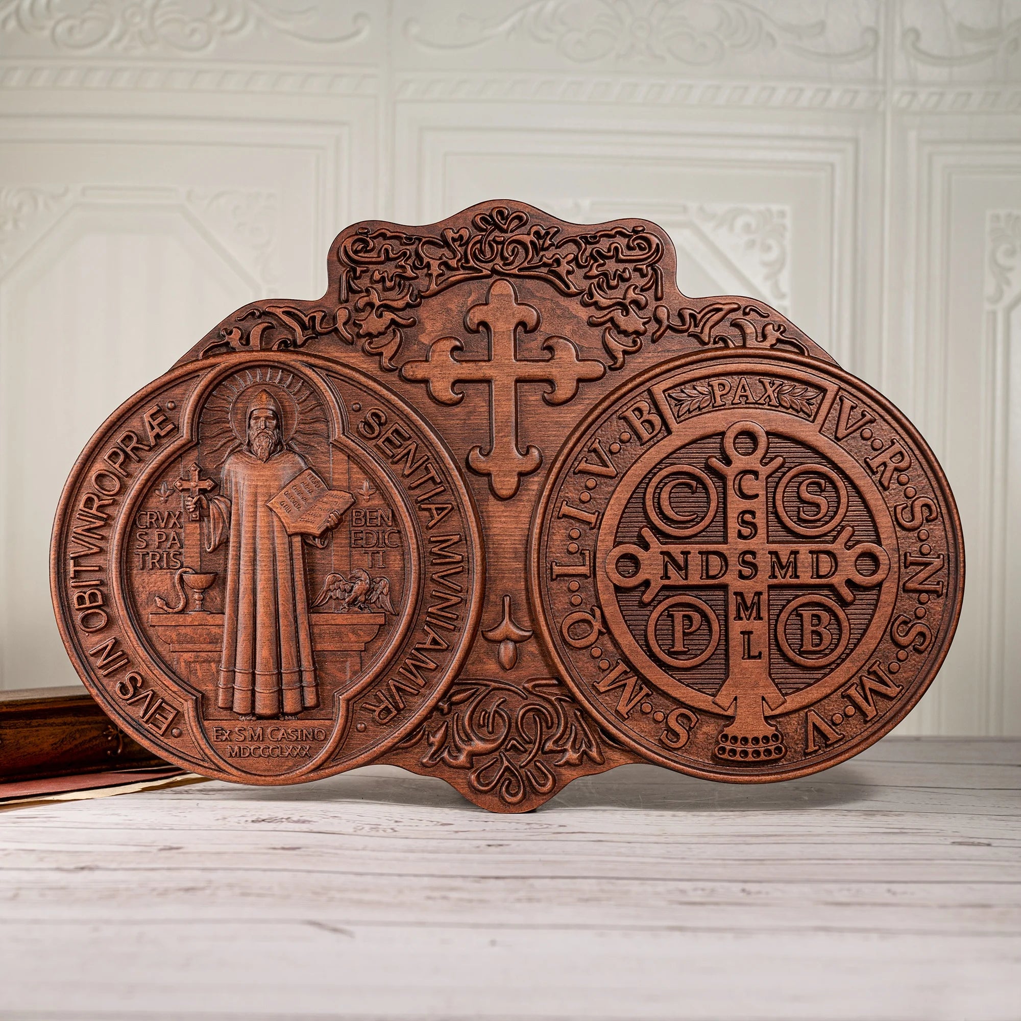Saint Benedict medal , Exorcism plaque,  wood carving wall decoration
