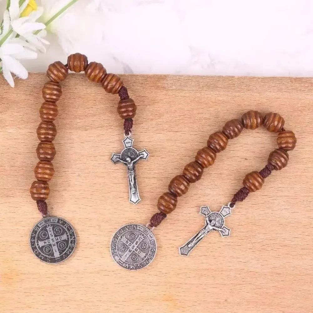 Saint Benedict Medal Blessing Prayer Wooden Prayer Beads Handmade Rosary Home Office Decoration