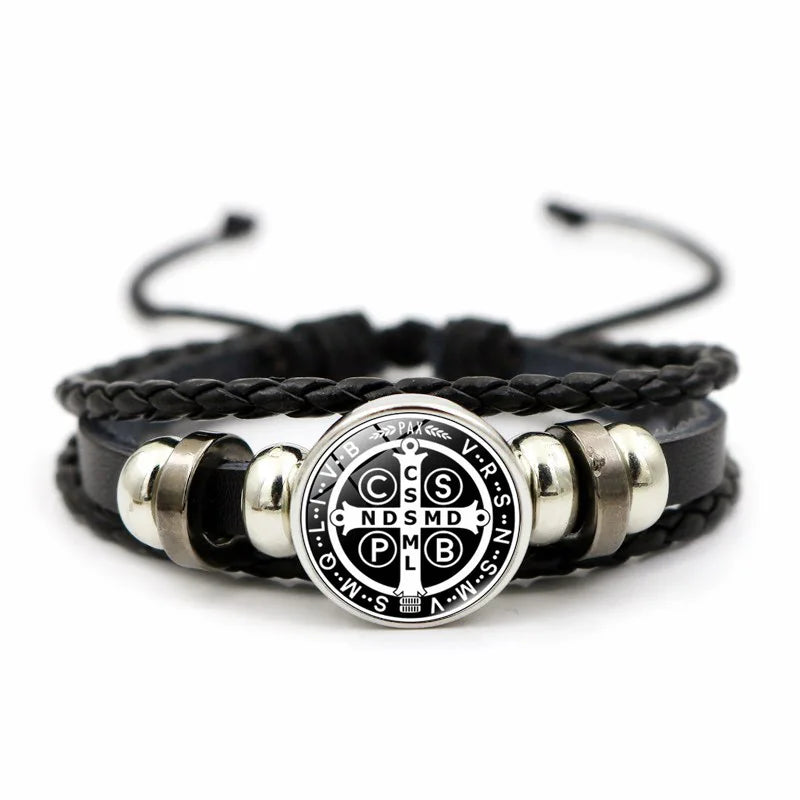 Saint Benedict Medal Leather Bracelet Catholic San Benito Glass Dome