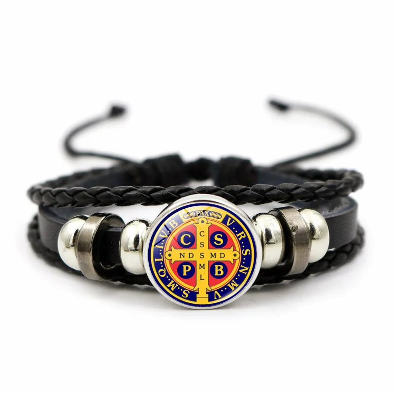 Saint Benedict Medal Leather Bracelet Catholic San Benito Glass Dome