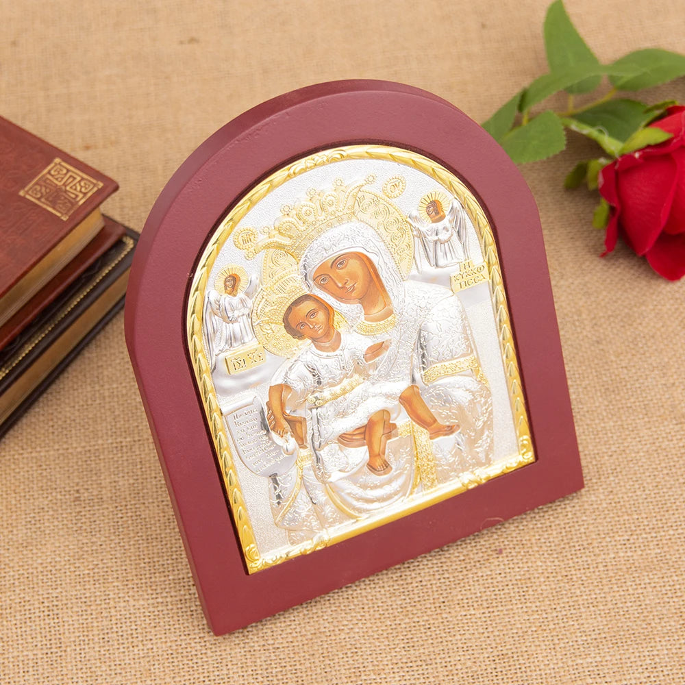 Gold Silver Orthodox Virgin Mary and Child Icon Hand-Painted