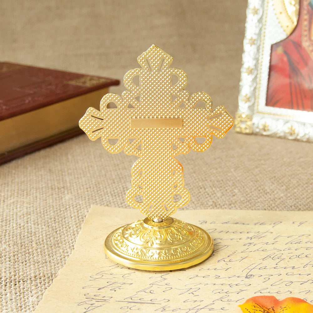 Metal Jesus Icon Crucifix Orthodox Table Cross With Stand