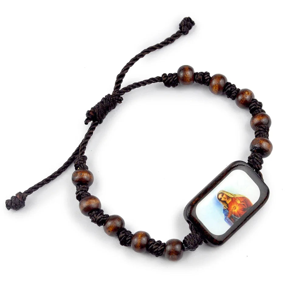 Wood Rosary Bracelet with Beautiful Square Colorful Icons