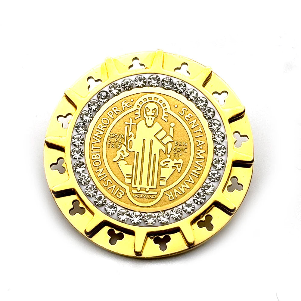 Saint Benedict Medal Brooch Pins for Women Men Stainless Steel with gold color and Rhinestones