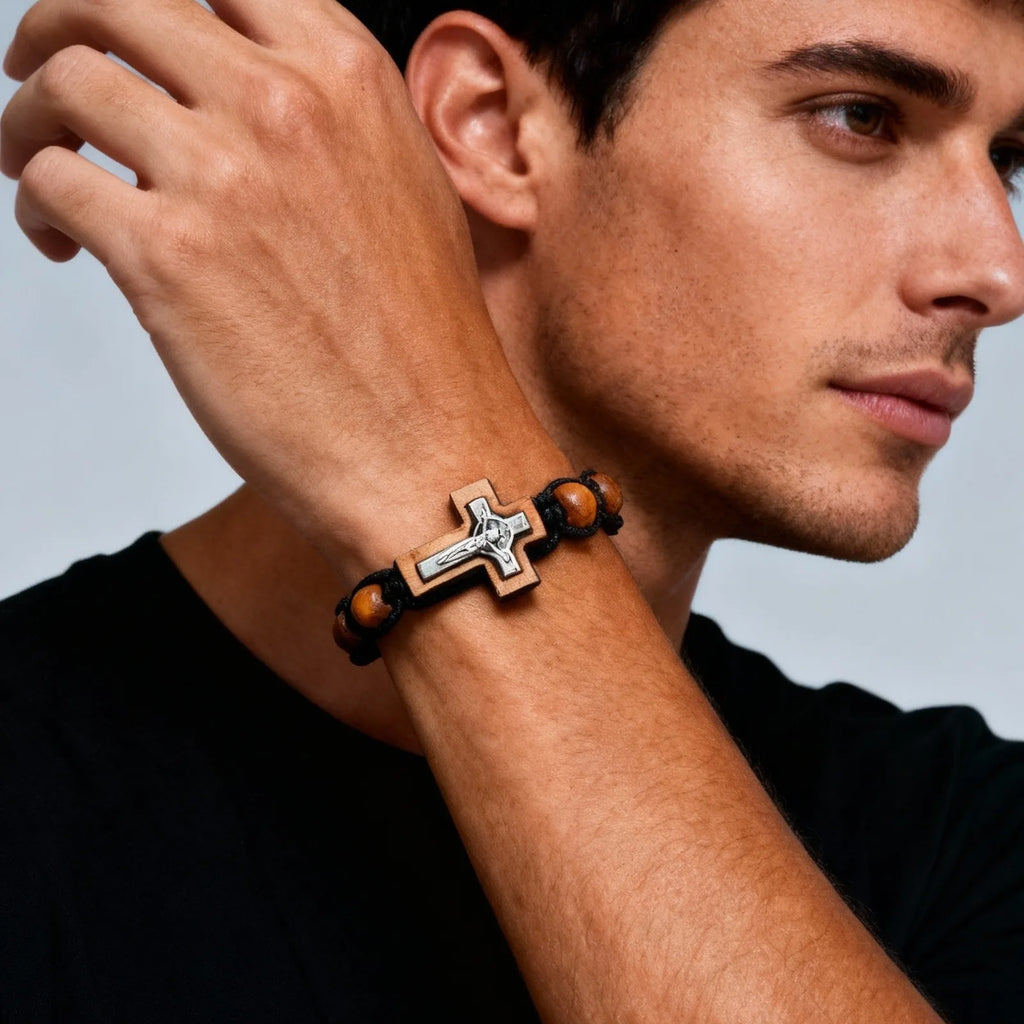 Beaded Bracelets for Men, Brown Wooden Bead Adjustable Woven Rosary