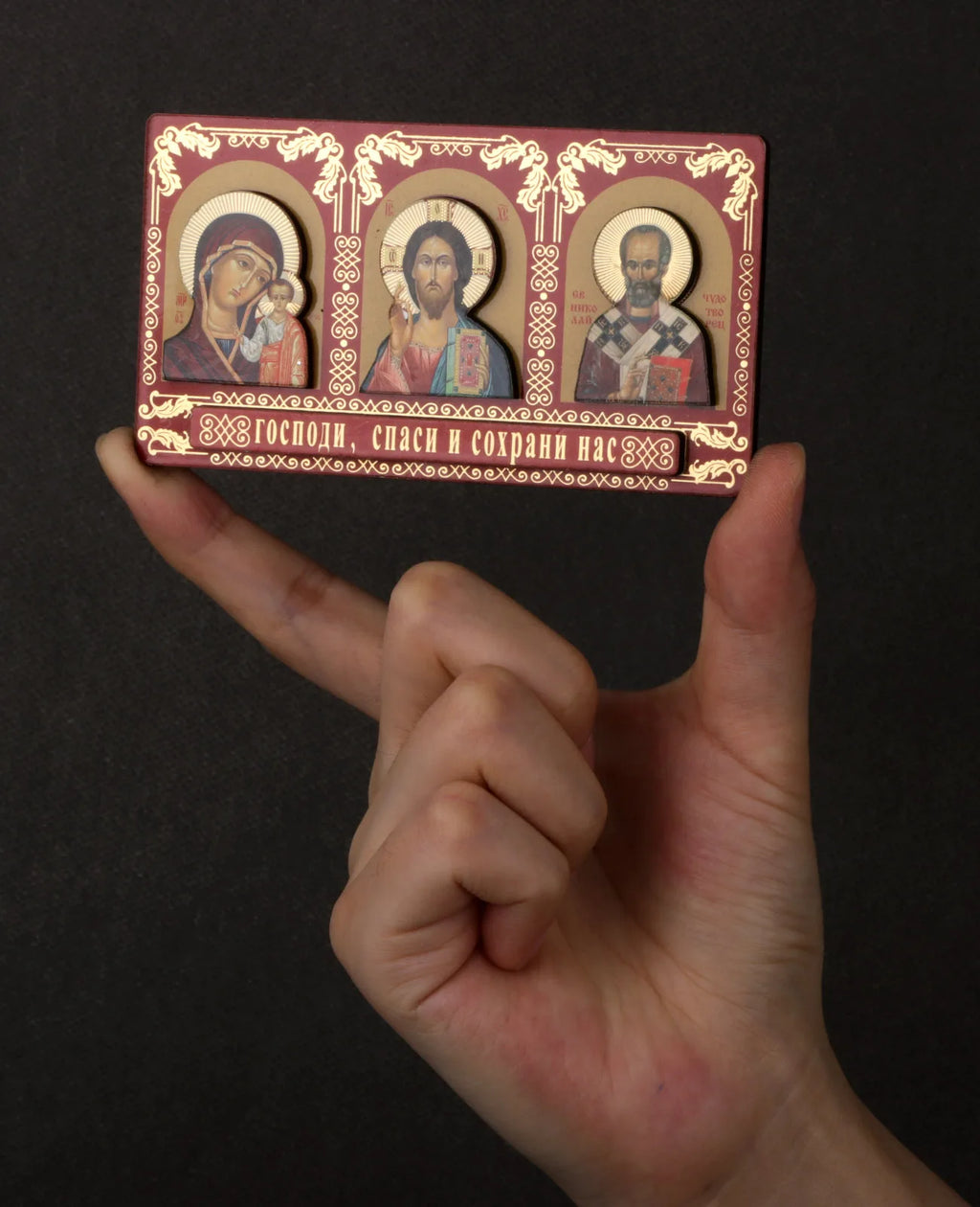 Orthodox Holy Icon Our Lady Theotokos Pantocrator Stickable Red Wood Ornament Car Wall Decor