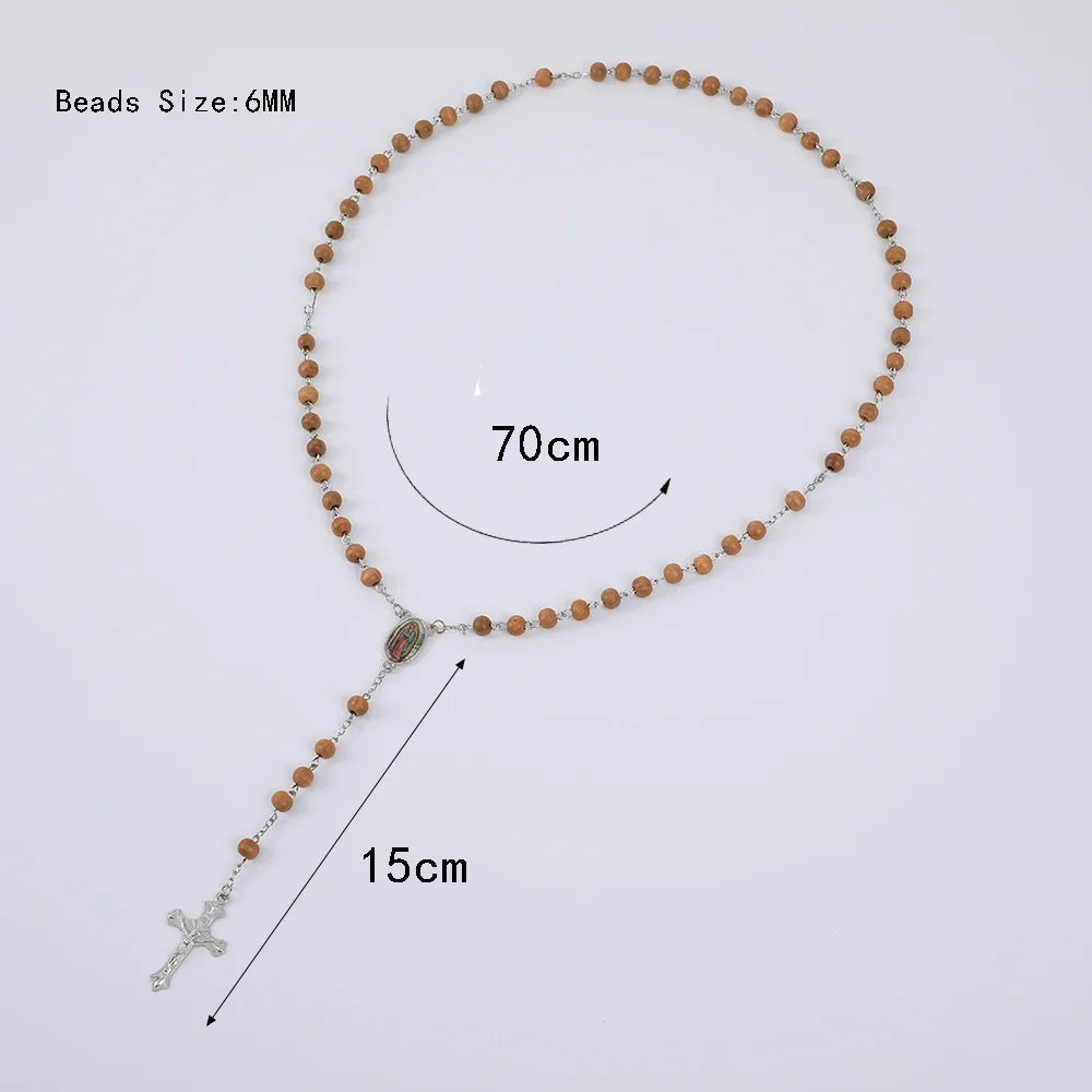 Wood Rosary Necklace with Virgin Mary Cross Pendant 6MM