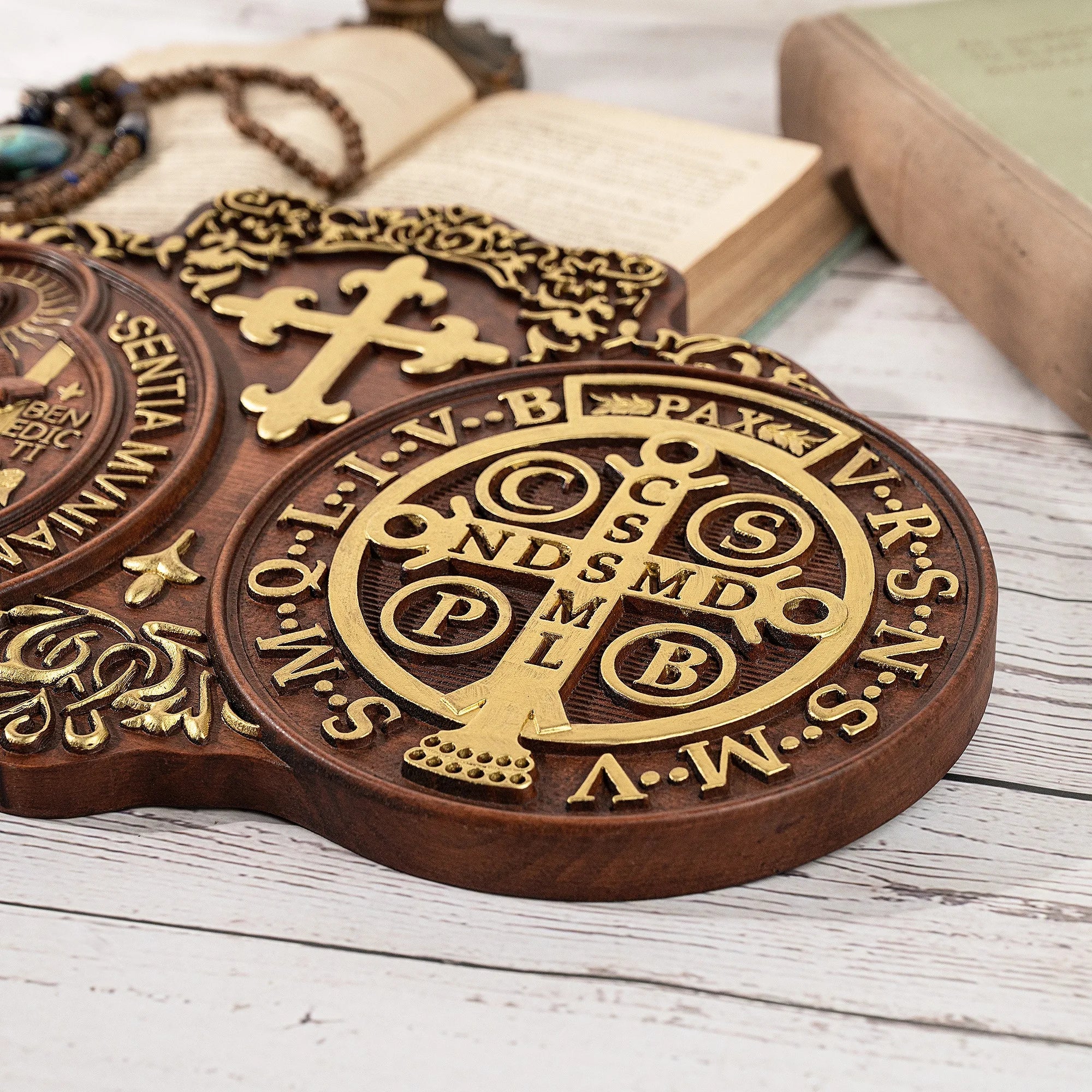 Saint Benedict medal , Exorcism plaque,  wood carving wall decoration