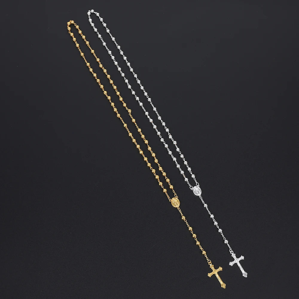 Gold Color Rosary Necklace  6MM Beads Crucifix Pendant
