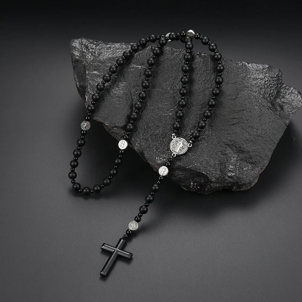 Volcanic Rock St Benedict Black Beaded Rosary for Men Or Women