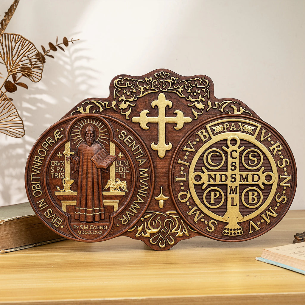 Saint Benedict medal , Exorcism plaque,  wood carving wall decoration