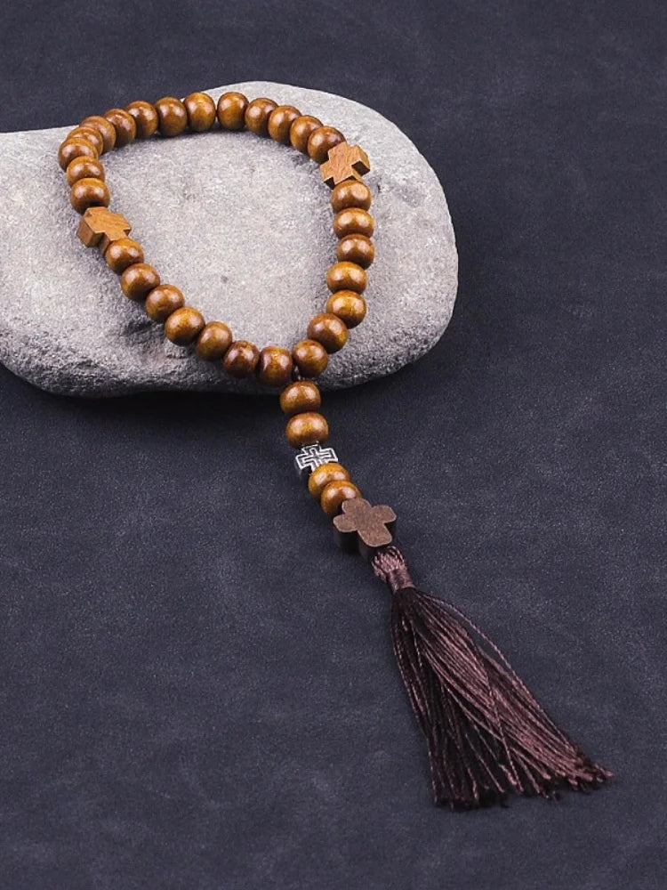 Saint Benedict Rosary Necklace Wood Beads Medal Prayer Pocket
