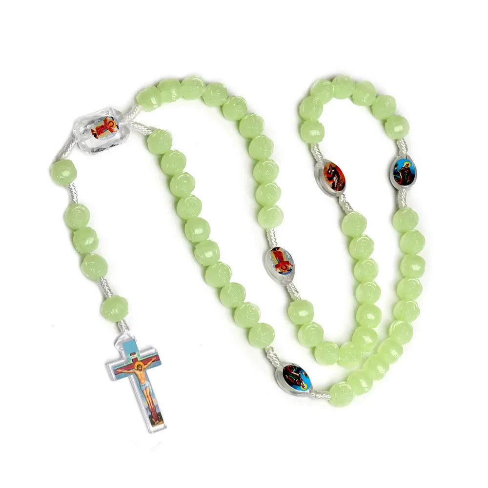Glow in The Dark Rosary Necklace  10MM Luminous Rose Beaded Chain
