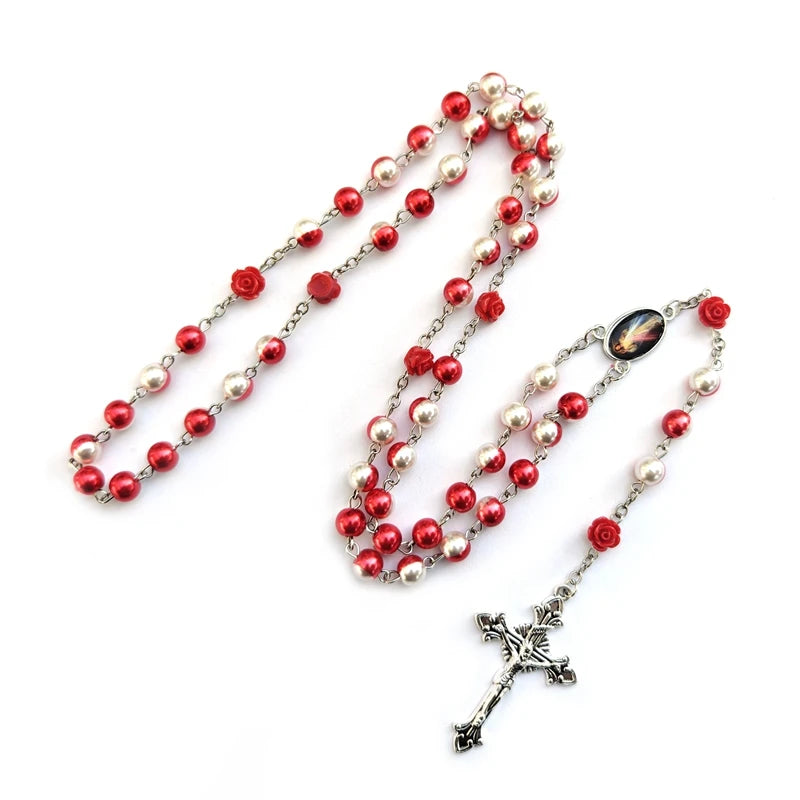 Red White Glass Pearl Cross Rosary