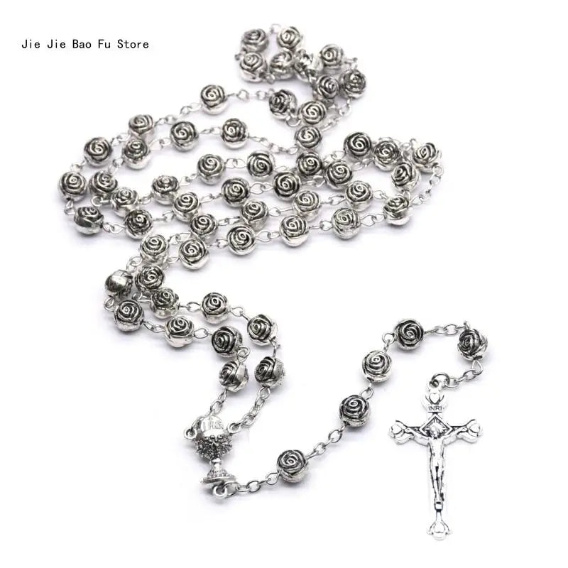 Rosary Necklace Silver color Plastic Rose Flowers Beads