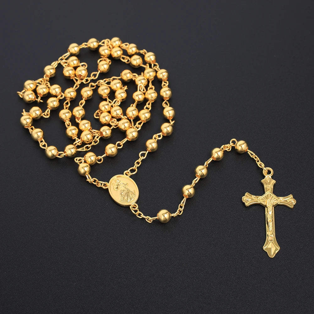 Gold Color Rosary Necklace  6MM Beads Crucifix Pendant