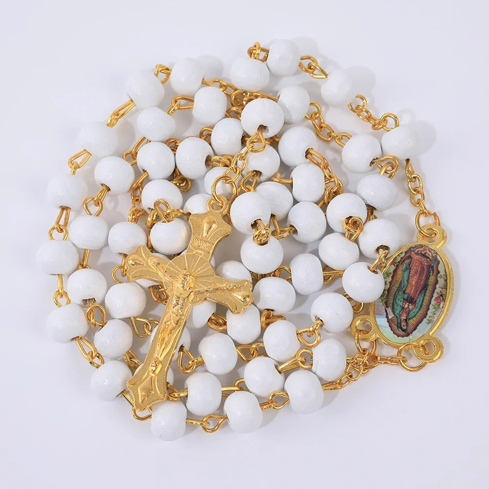 Wood Rosary Necklace with Virgin Mary Cross Pendant 6MM