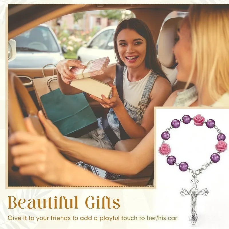 Rosary Cross Rose Prayer Beads Rearview Mirror Hanging Ornament